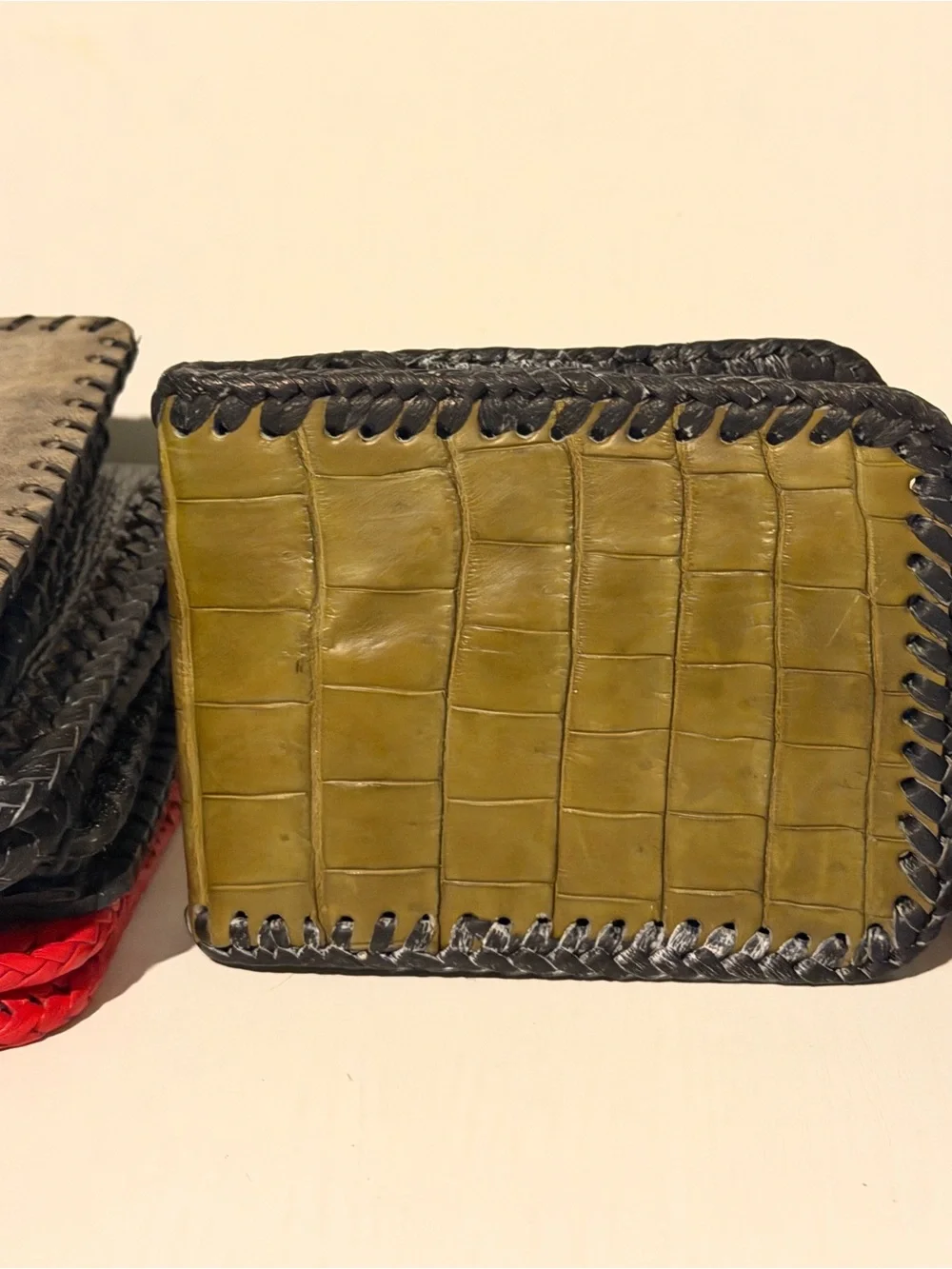 Green Croc-Embossed Leather Wallet with Black Whipstitch